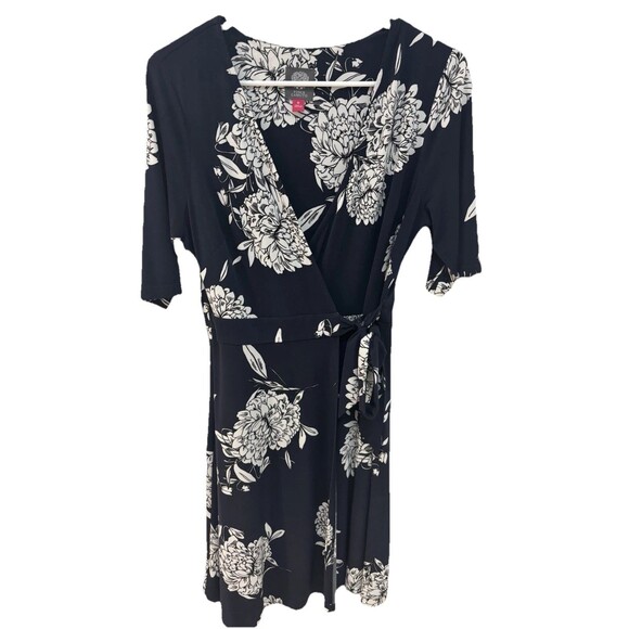 Vince Camuto Womens Dress Faux Wrap V Neck Short Sleeve Floral Navy Blue size 10 - Picture 1 of 5